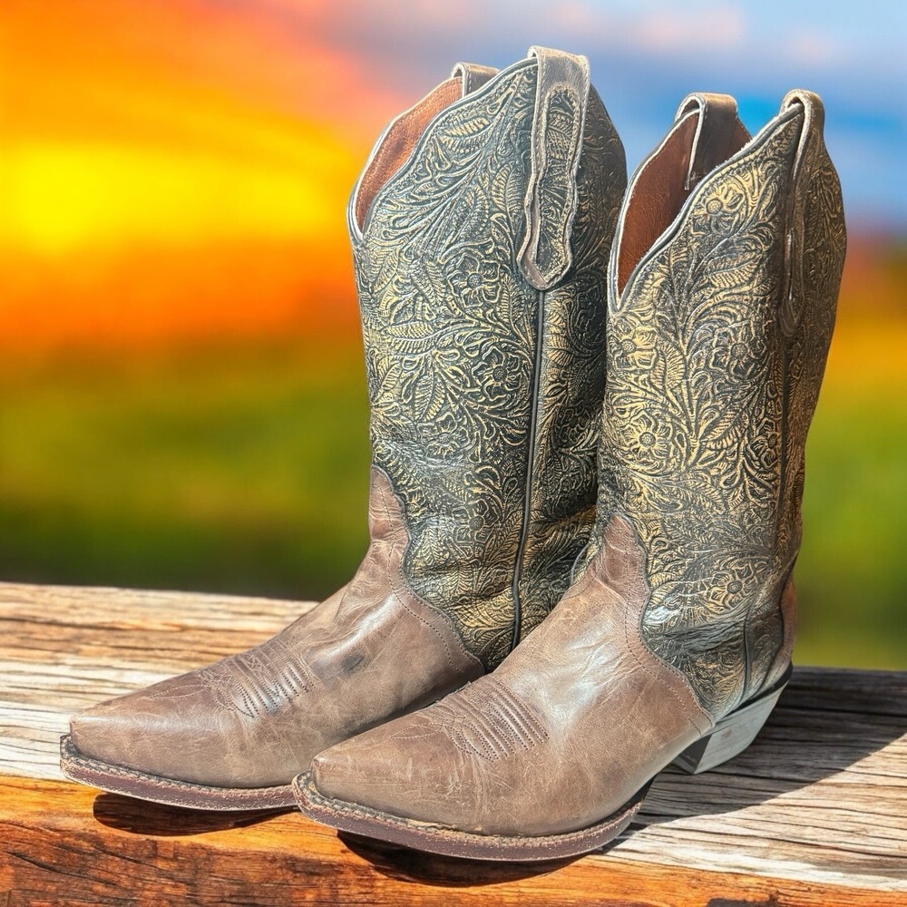 NOCONA Western Boots Brown Tooled Leather  Women's Size 7.5 EUC